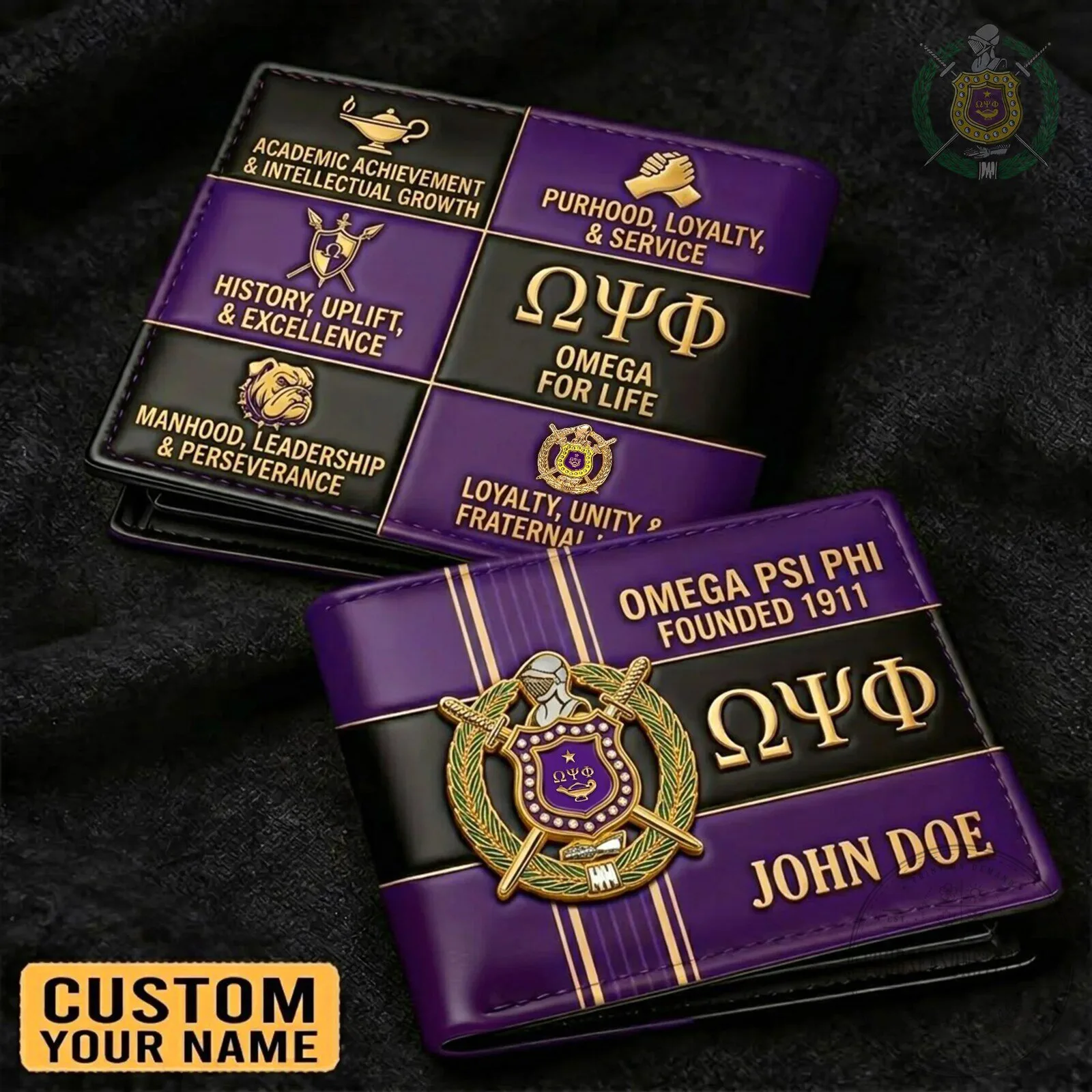 Omega Psi Phi Fraternity Personalized Purple and Gold Wallet
